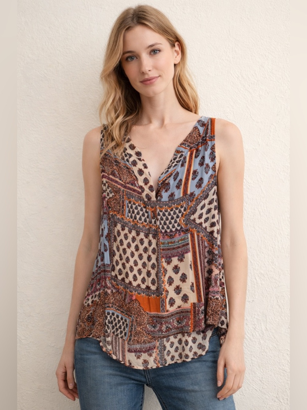 Soirée‎ Boho Patchwork V-Neck Sleeveless Top - Multi